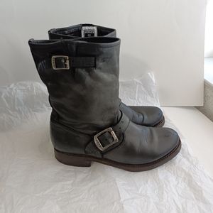 Frye Black Leather Engineer Ankle Boots with Buckles